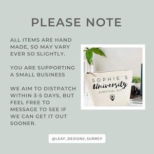 May include: A cream-colored canvas cosmetic bag with the text "Sophie's University Survival Kit" in black script. The bag also features a location pin graphic. The image includes text about handmade items and supporting a small business.