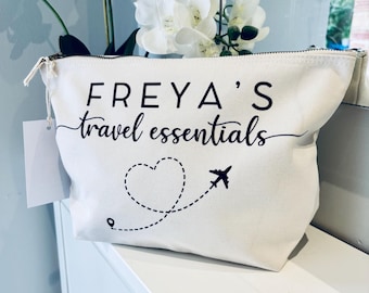 Personalised Travel Essentials Bag | Holiday Survival Kit | Flight Bag Organiser | Custom Name & Destination | Travel Gift for Her Mum Frien