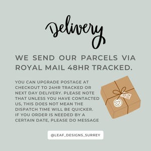 May include: Image with the word "Delivery" in cursive script. Text below states parcels are sent via Royal Mail 48hr tracked. A cartoon of a brown package tied with twine and a tag is on the right. The text also mentions upgrading postage.