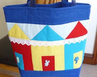 Bolsa de playa azul, amarilla y roja, bolsa de vacaciones reciclada