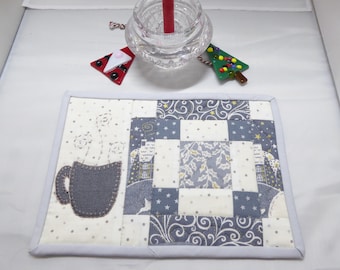 Scandi Christmas Quilted Coaster, Appliqued Mug Mat