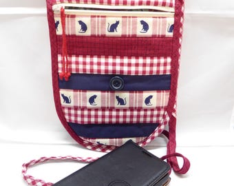 Bolso bandolera rojo y azul con diseño de gato para el móvil, bolso para pasear al perro, regalo para amantes de los gatos, bolso para festivales, bolso de vacaciones, portabolsas para excrementos de perro