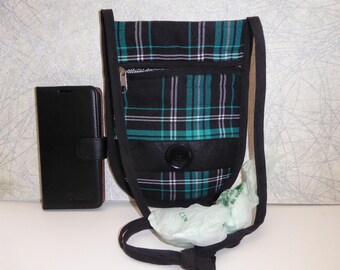 Bolso bandolera para teléfono de tartán: bolso de hombro reciclado en negro y turquesa