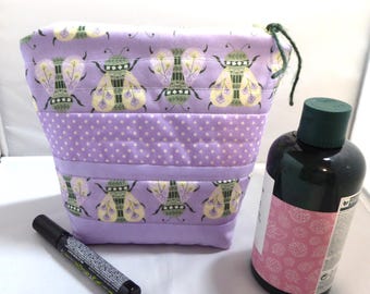 Quilted Lilac Cosmetic Bag, Purple Insect Print Toiletry Pouch, Upcycled Lining