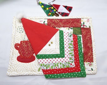 Christmas Patchwork Coaster and Santa Bottle Topper Set