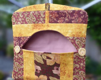 Patchwork Cotton Peg Bag, Mustard Russet Brown, Rustic Retro Style, Bear Buttons