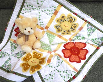 Edredón amarillo y verde para bebé: Edredón de juego Happy Flowers para bebé, tapete de juego Woodland Pinwheels, edredón de bebé de género neutro, tapete de juego acolchado naranja