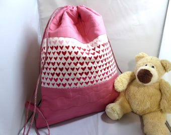 Pink Quilted Heart Drawstring Bag, Child's Overnight Toy Book Shoe Bag