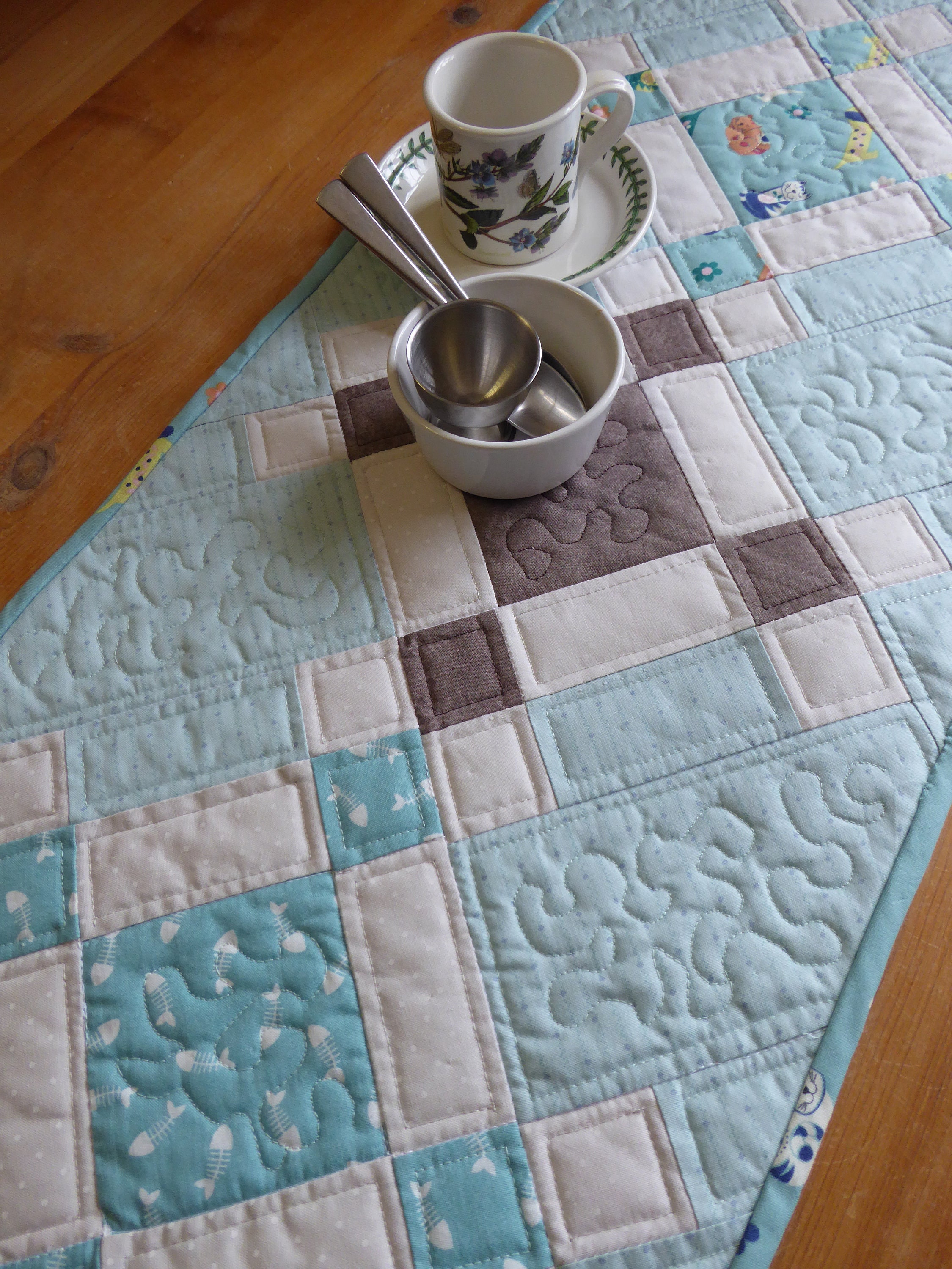 Blue and grey shaped table runner Modern centrepiece for Etsy