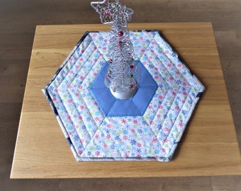 Reversible Quilted Table Topper, Scandi Snowflake, Japanese Blue Mat