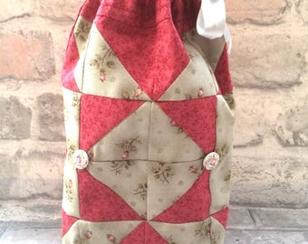 Bolsa de maquillaje floral retro, bolsa pequeña con cordón verde y rojo