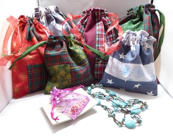 Christmas Fabric Gift Bags, Reusable Cotton Drawstring, Set of 6