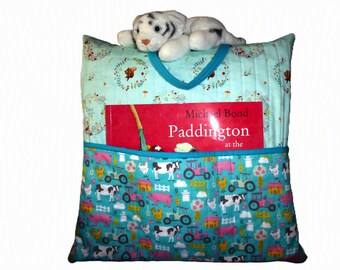 Child's Blue Reading Cushion including book, Patchwork Quilted Reading Cushion, 18x18, Book Pillow with pocket