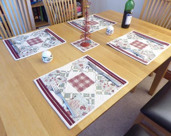 Christmas Table Mats, Crimson Red, Upcycled Fabric, Set of 4 quilted placemats