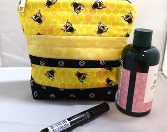 Yellow and black bee themed make up bag, Quilted make up pouch, Yellow floral make up bag, Small bee make up bag, Bee toilet bag