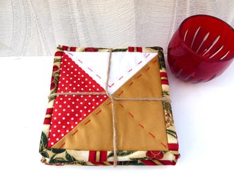 Upcycled Christmas Coasters, Red & Gold Vintage Style, Set of 4
