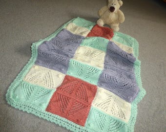 Hand knitted patchwork baby blanket;Green, cream and dark orange cot blanket;Warm pram blanket; Gender neutral baby blanket;Baby shower gift