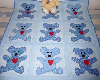 Edredón de osito azul para bebé: tapete de juego de algodón con apliques