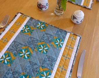 Blue and Gold Quilted Table Mats (Set of 2) - Contemporary Dining Decor