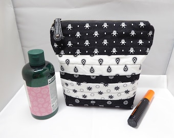 Bolsa de maquillaje acolchada en blanco y negro, bolsa de cosméticos de algodón con patchwork