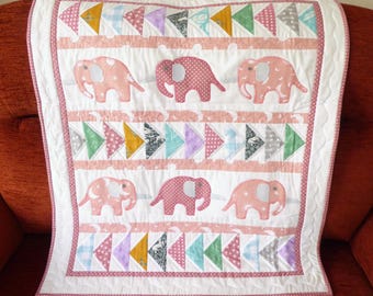 Pink Elephant Baby Quilt, Upcycled Cotton Play Mat
