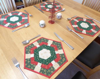 Handmade Christmas Quilted Placemat Set of 4, Red and Green Christmas table runner
