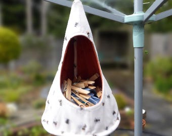 Beige Bee Peg Bag, Swedish Cone Style holder for pegs, Quilted Cotton peg bag