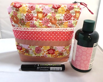 Patchwork Floral Makeup Bag, Quilted Toiletry Pouch, Upcycled Cotton Travel Bag