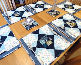 Blue Christmas Placemats Set, Set of 6 Scandi Quilted Patchwork Placemats and 2 coasters