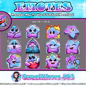 May include: A set of 12 purple and blue star-shaped Twitch emotes with different expressions, including crying, winking, and holding a heart. The emotes are 112 pixels by 112 pixels.