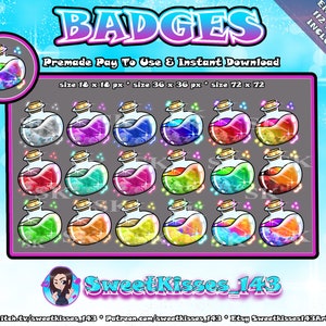 May include: Set of 18 colorful potion bottle badges in three sizes: 18x18 pixels, 36x36 pixels, and 72x72 pixels. The badges feature a variety of colors and glitter effects.