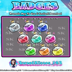 May include: A digital art graphic featuring eight potion bottle designs with various colored liquids. The bottles have cork stoppers and are surrounded by glowing effects. Text includes "BADGES" and "Premade Pay To Use & Instant Download."