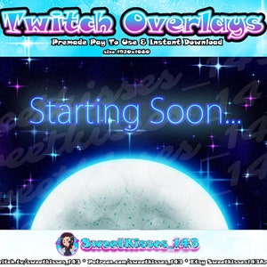 May include: A blue and purple animated Twitch overlay with a large white moon and stars. The text "Starting Soon..." is in neon blue letters.