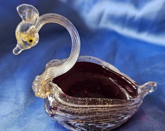 Vintage Petite Salviati Murano Glass Swan Dish - 24K Gold Flecks - Trinket Dish