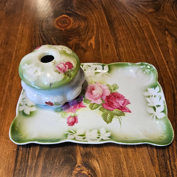 Porcelain Vanity Tray and Hair Receiver Dish Set with Delicate Roses and Green Trim
