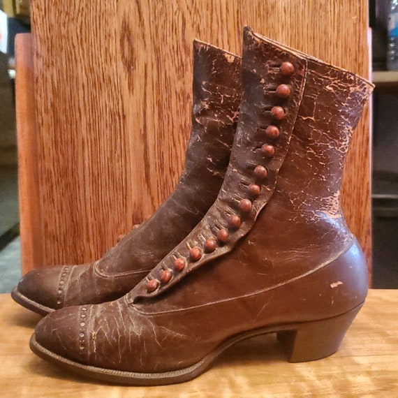 Ladies Antique Leather Boots - High Top Button Sh… - image 1