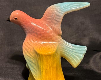 Vintage Glazed Ceramic Pink Bird on Stump Figurine from Mid Century - 1940s - 1950s