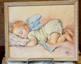 Bottoms Up Vintage Print by Maud Tousey Fangel - Lithograph GP 8124 - Wooden White Frame - Nursery Wall Hanging