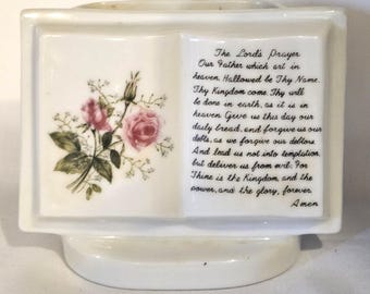 Vintage LORD'S Prayer Ceramic Bible Ivy Planter / Flower Vase with Pink Roses