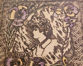 Antique Pyrography Wooden Hankie Box - Gibson Girl with Violets Design - 1910s Flemish Art - Dresser or Vanity Top Decor