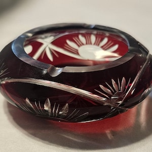 Vintage Ruby Red Cut to Clear Crystal Ashtray