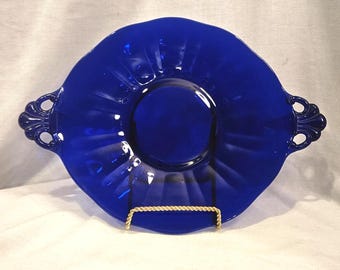 Vintage Cobalt Blue 2 Handled Glass Serving Plate - Slight Scalloped Edges with Ornate Handles - 1930s to 1940s