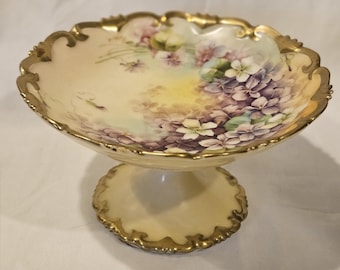 Vienna Austria Hand Painted Pedestal Bowl - Late 1800s to Early 1900s Antique Display Dish - Gold Rimmed Edges