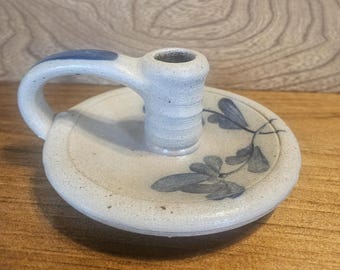 Vintage Rowe Pottery Chamber Candlestick Holder - 1988 - Blue Floral Vines