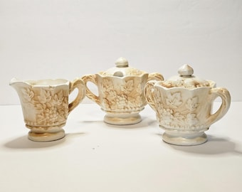 Vintage Set Creamer, Sugar Bowl, and a Sugar Cube Bowl both with Matching Lids - Embossed Grapevine Design