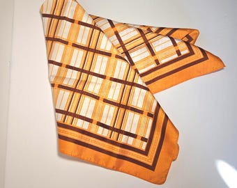 Vintage Scarf - Orange, Brown, and White Geometric Design - 20 Inch Square - 100% Polyester - Made in Italy