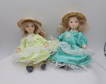 Miniature Porcelain Dolls - Lot of 2 - Satin Dresses and Straw Sun Hats