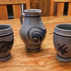 Vintage Marzi and Remy Salt Glaze 3 Piece Set - Pitcher and Cups - Goblets - West Germany Pottery - MCM