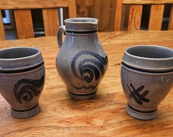 Vintage Marzi and Remy Salt Glaze 3 Piece Set - Pitcher and Cups - Goblets - West Germany Pottery - MCM