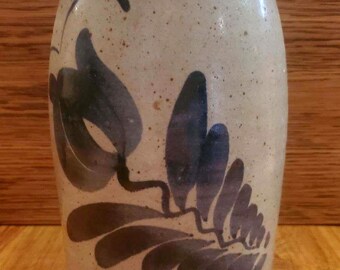 Salt Glazed Pottery Vase with Blue Floral Design - Large Vase for Fresh or Dried Flowers